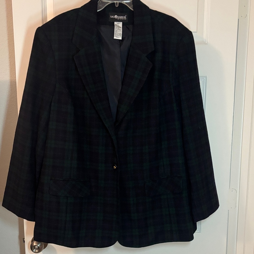 VTG Sag Harbor Green & Blue Tartan Plaid Wool Blend Blazer SZ 22W plus size